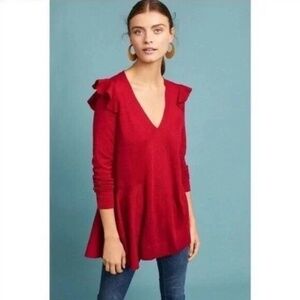 Anthropologie Moth Red Wool Ruffle Sweater, Size Medium